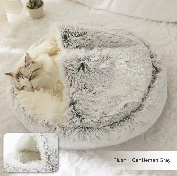 2 In 1 Round Plush Warm Pet Bed House