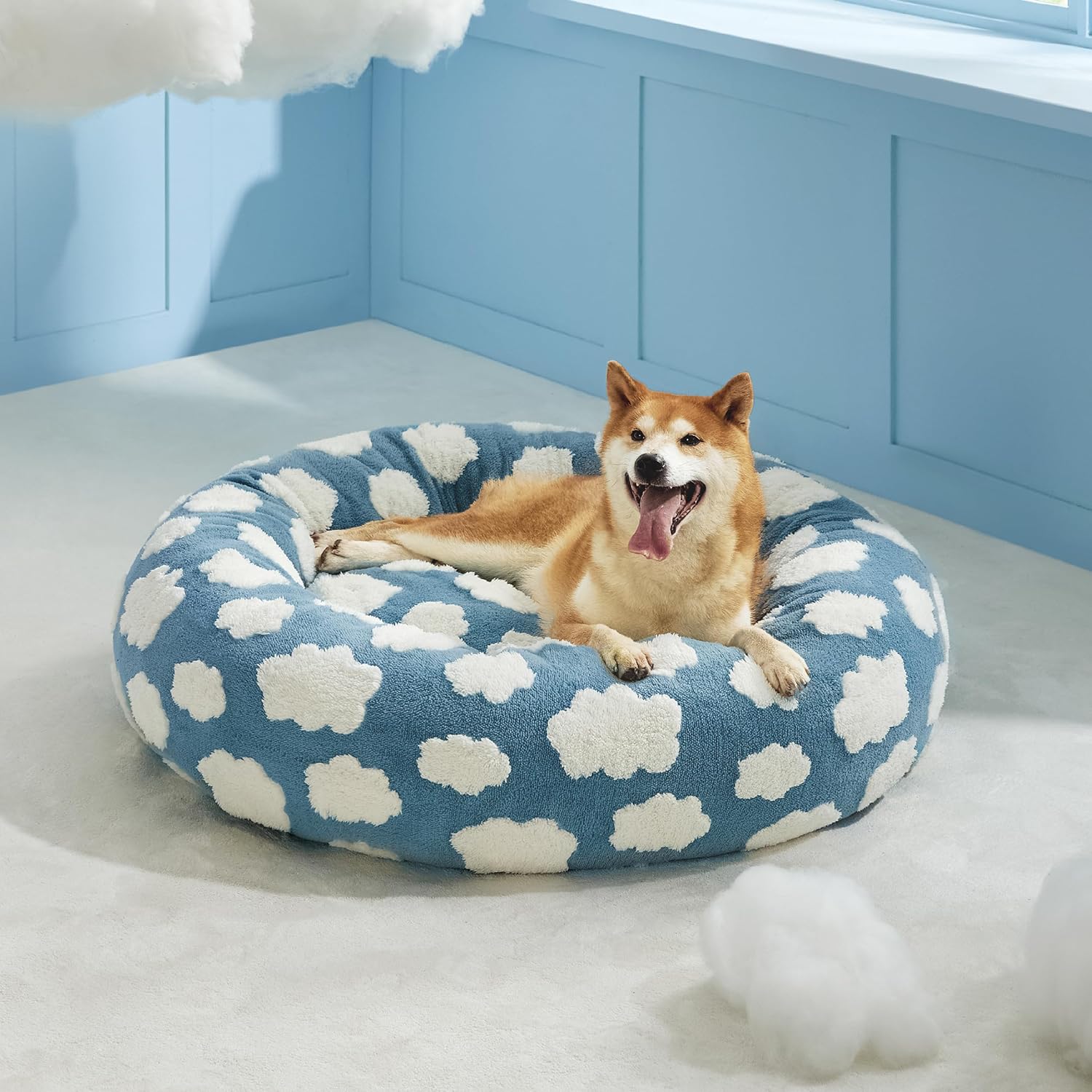 Round Donut Calming Plush Pet Bed with Anti Slip Bottom