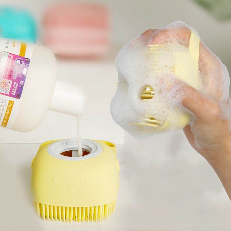 Pet Bath Brush Silicone Bristles Shampoo Dispenser Grooming Tool