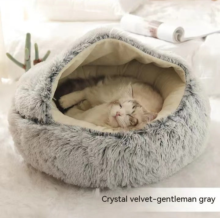 2 In 1 Round Plush Warm Pet Bed House