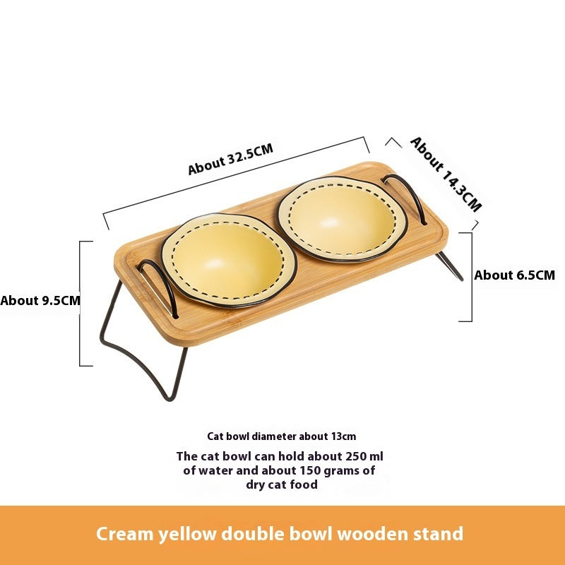 Wooden Stand Ceramic Pet Feeding Bowl Anti Tumble
