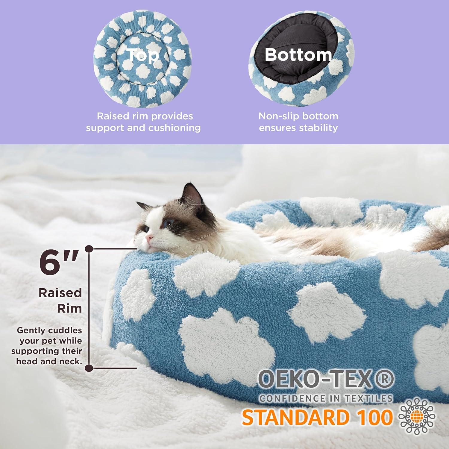 Round Donut Calming Plush Pet Bed with Anti Slip Bottom