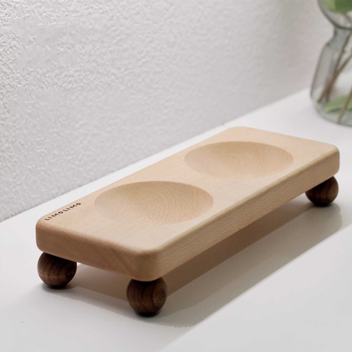 Solid Wood Ceramic Tilted Pet Feeding Bowl