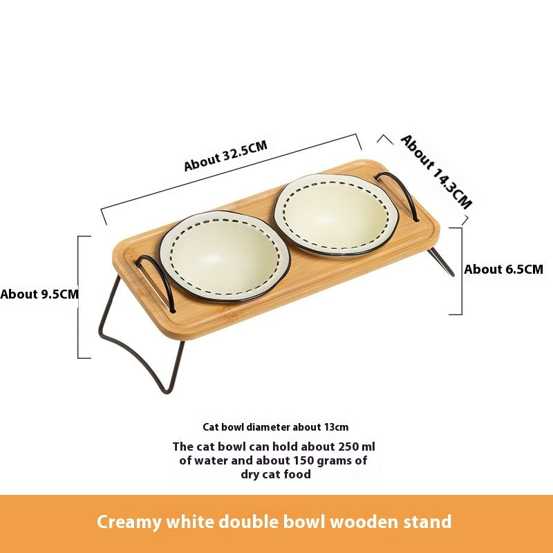 Wooden Stand Ceramic Pet Feeding Bowl Anti Tumble