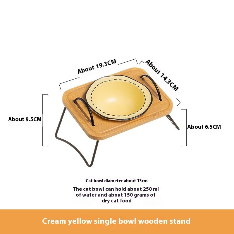 Wooden Stand Ceramic Pet Feeding Bowl Anti Tumble