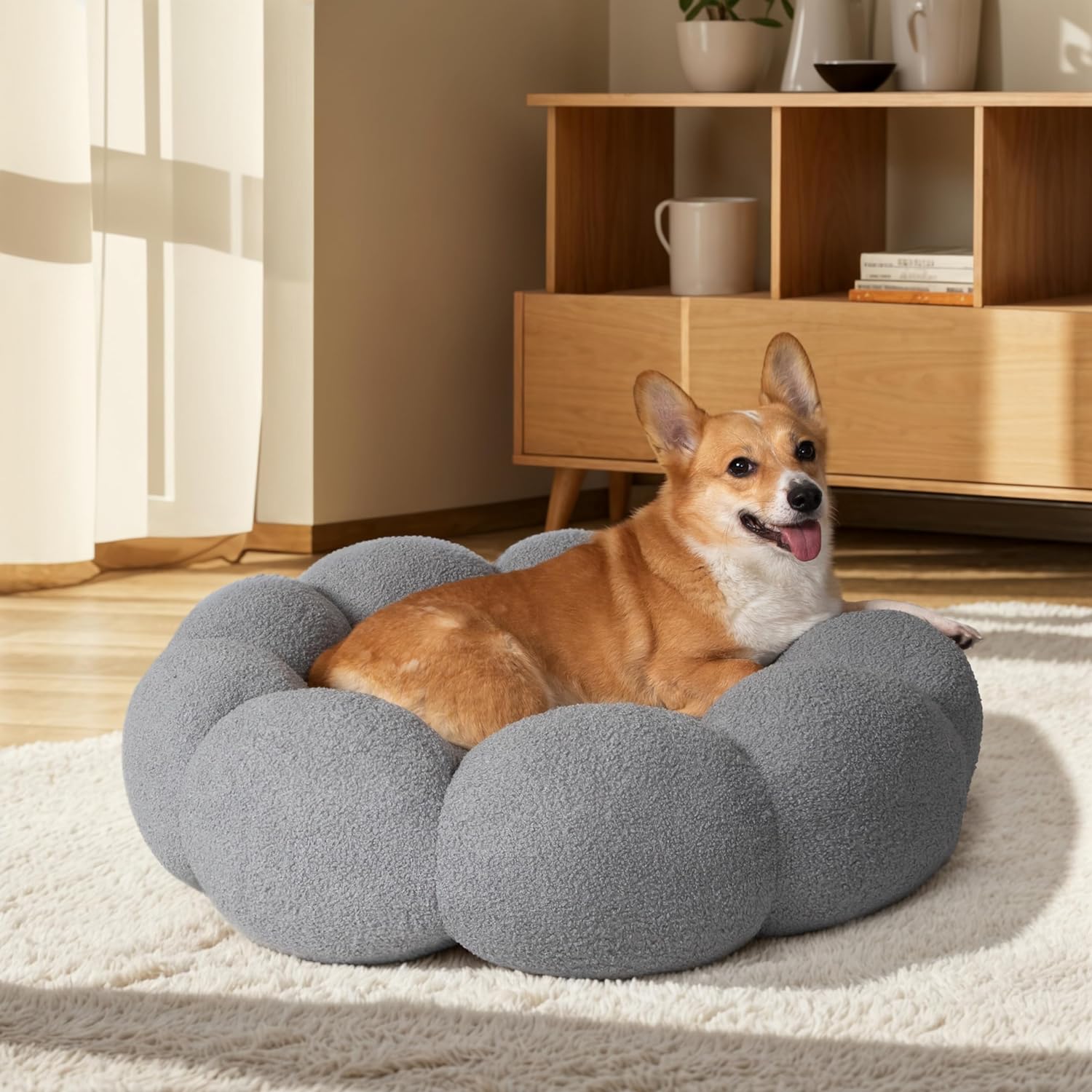 Fluffy Flower Plush Round Calming Pet Bed