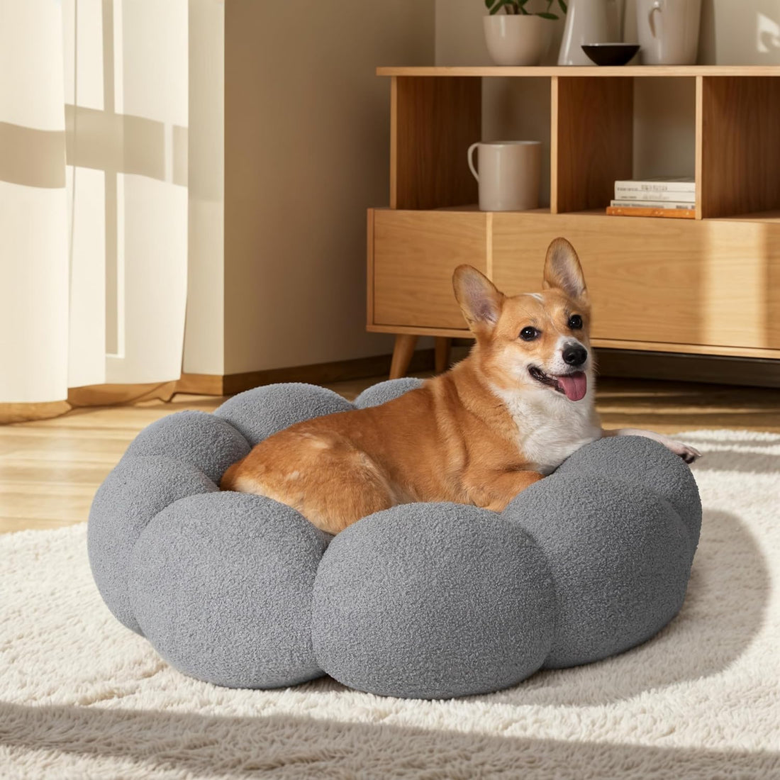 Fluffy Flower Plush Round Calming Pet Bed