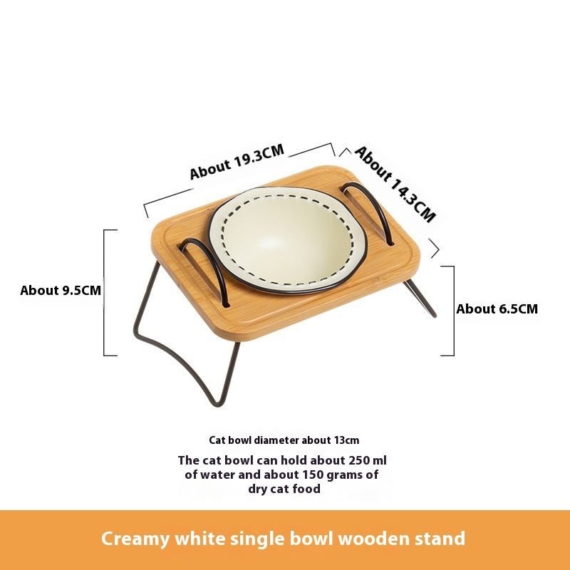 Wooden Stand Ceramic Pet Feeding Bowl Anti Tumble