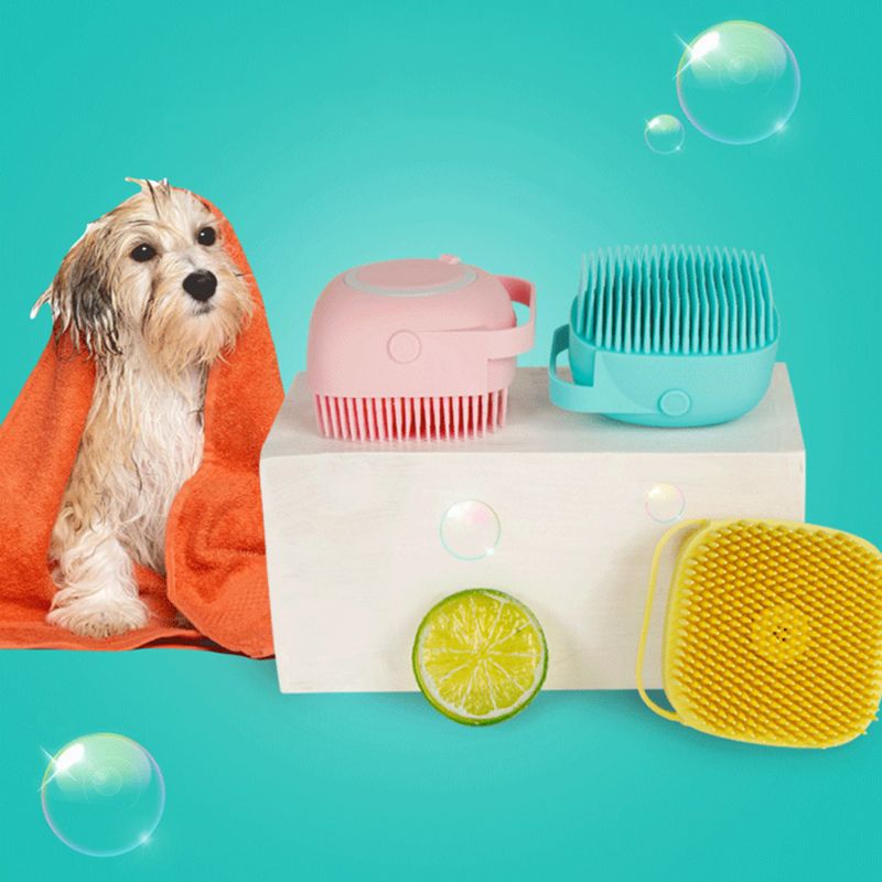Pet Bath Brush Silicone Bristles Shampoo Dispenser Grooming Tool