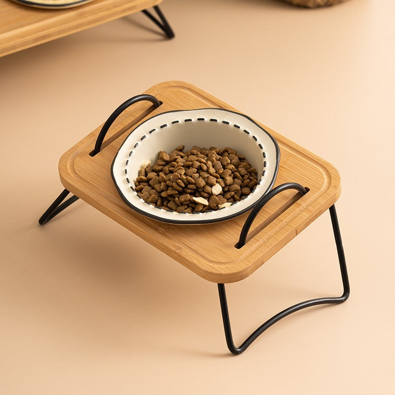 Wooden Stand Ceramic Pet Feeding Bowl Anti Tumble