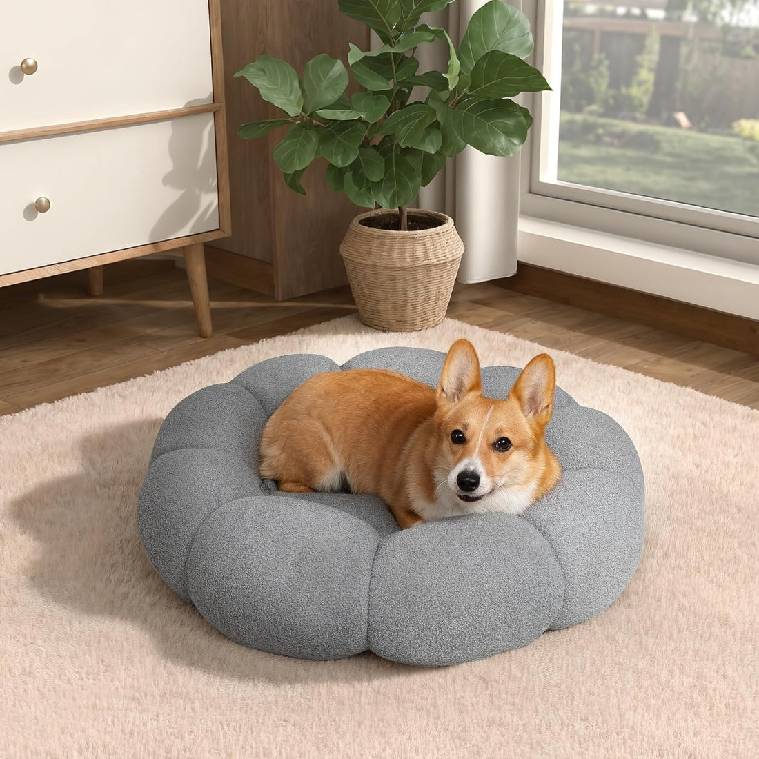 Fluffy Flower Plush Round Calming Pet Bed