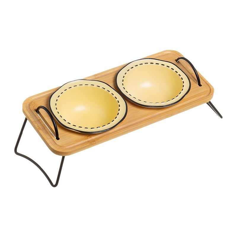 Wooden Stand Ceramic Pet Feeding Bowl Anti Tumble