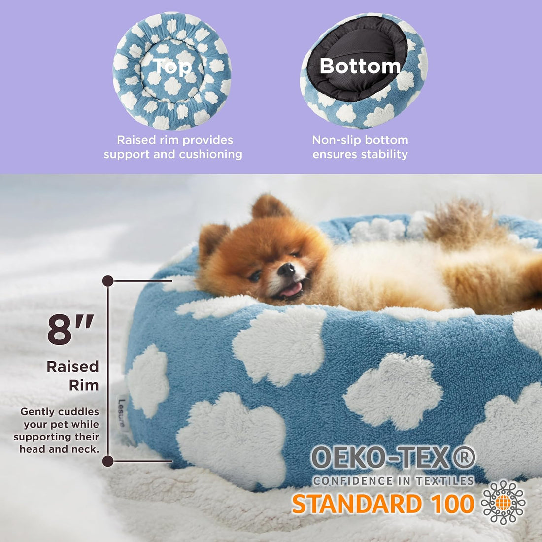 Round Donut Calming Plush Pet Bed with Anti Slip Bottom