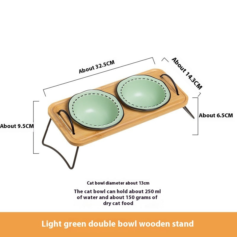 Wooden Stand Ceramic Pet Feeding Bowl Anti Tumble