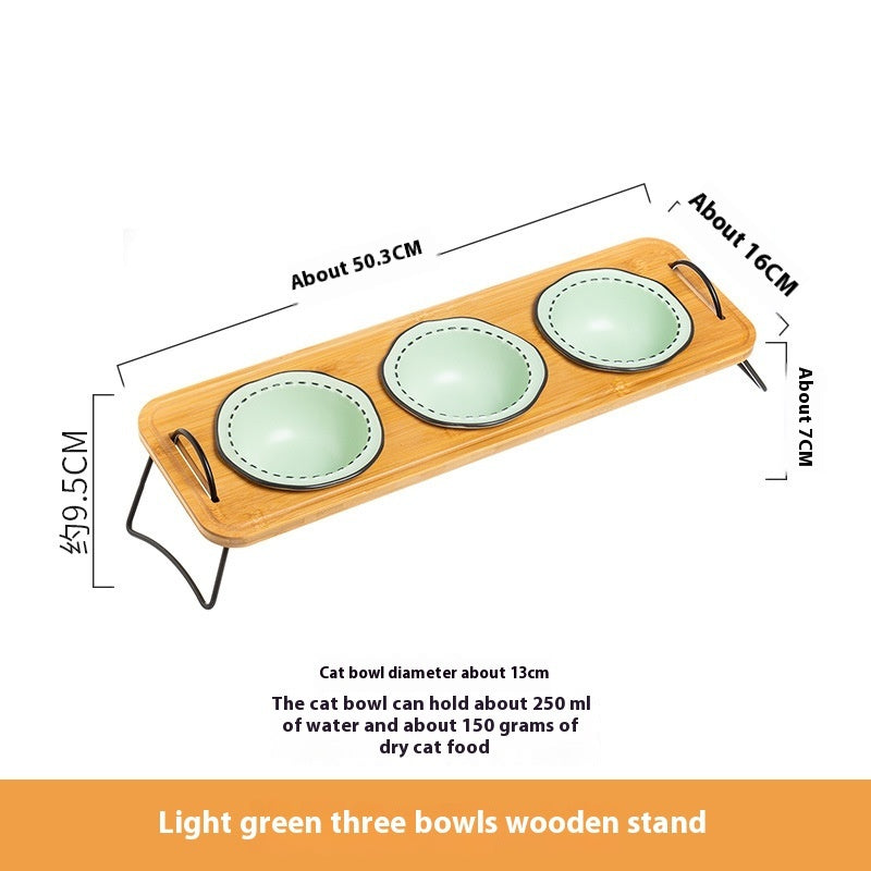 Wooden Stand Ceramic Pet Feeding Bowl Anti Tumble
