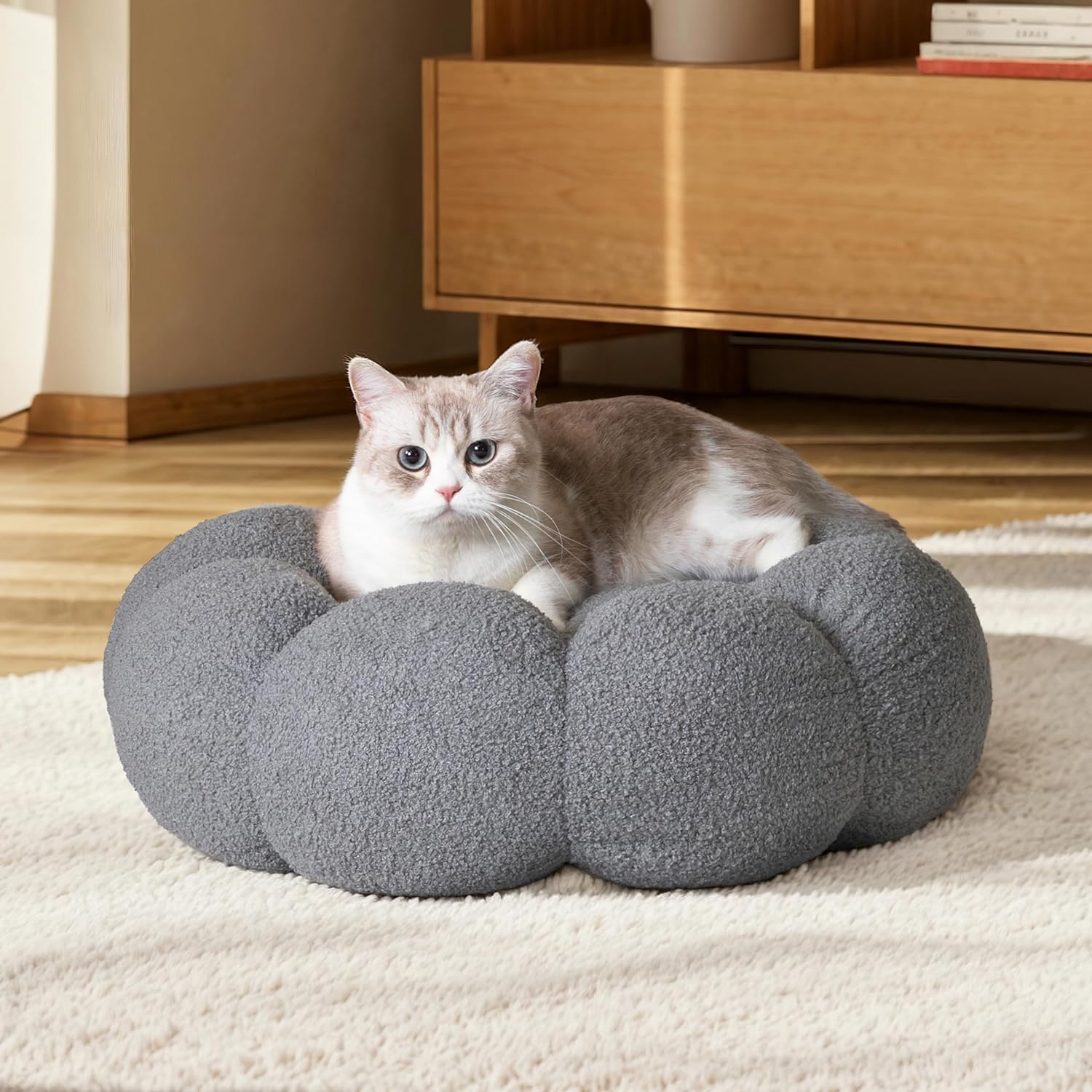 Fluffy Flower Plush Round Calming Pet Bed