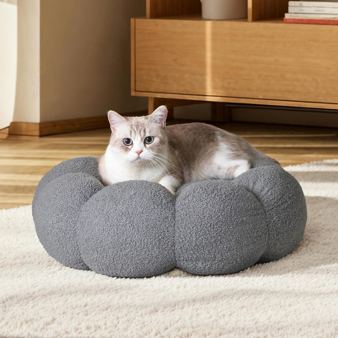 Fluffy Flower Plush Round Calming Pet Bed
